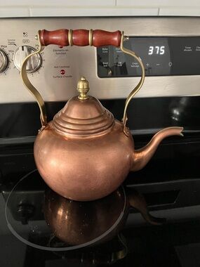 Vintage Towle Solid Copper Teapot with Wood Handle and Brass Accents
